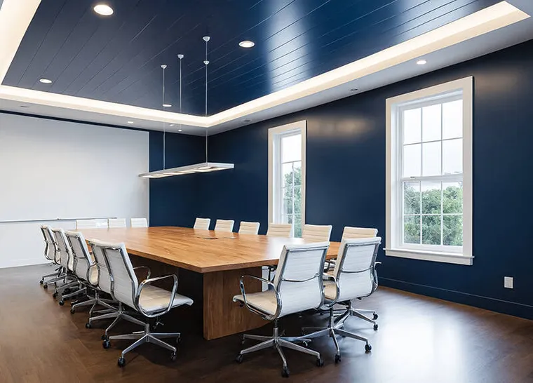 Commercial lighting and electrical systems supporting a business interior.