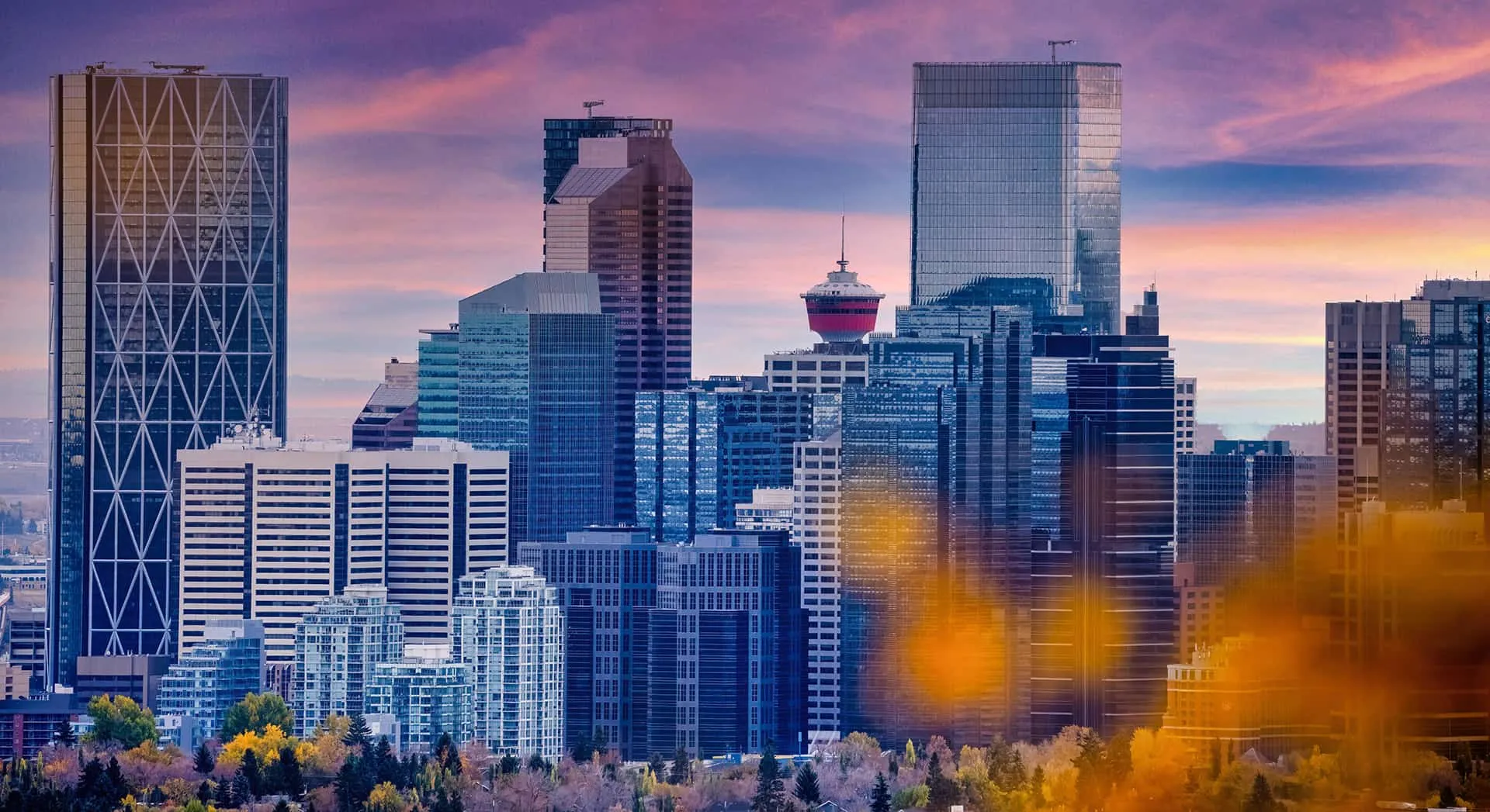 Downtown Calgary skyline at dusk.